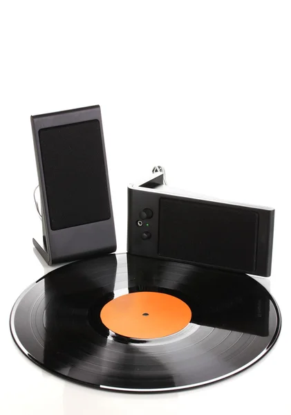 Zwart vinyl record en luidsprekers geïsoleerd op wit — Stockfoto