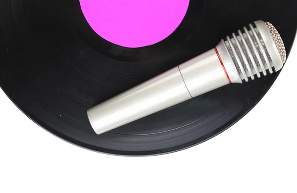 Disque vinyle noir et microphone isolé sur blanc — Photo