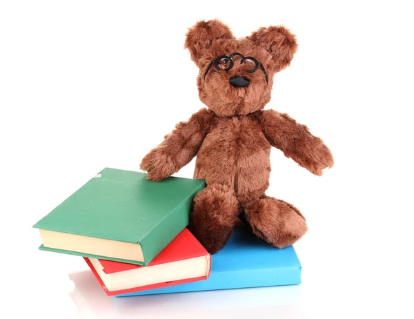 Сидящая медвежья игрушка с книгами, изолированными на белом — стоковое фото