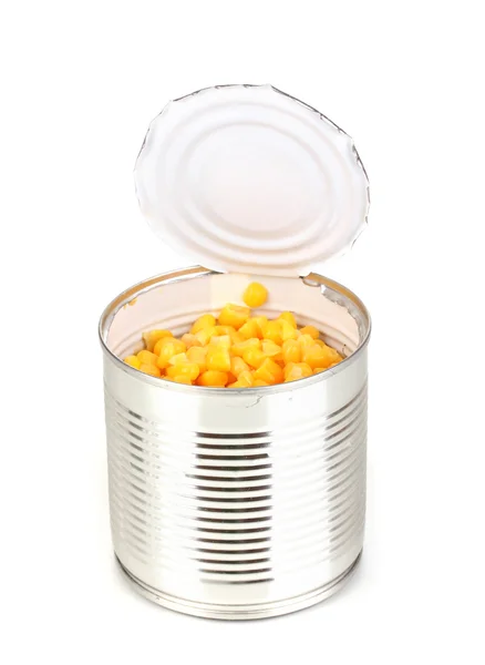 Open tin can of corn isolated on white — Stock Photo, Image