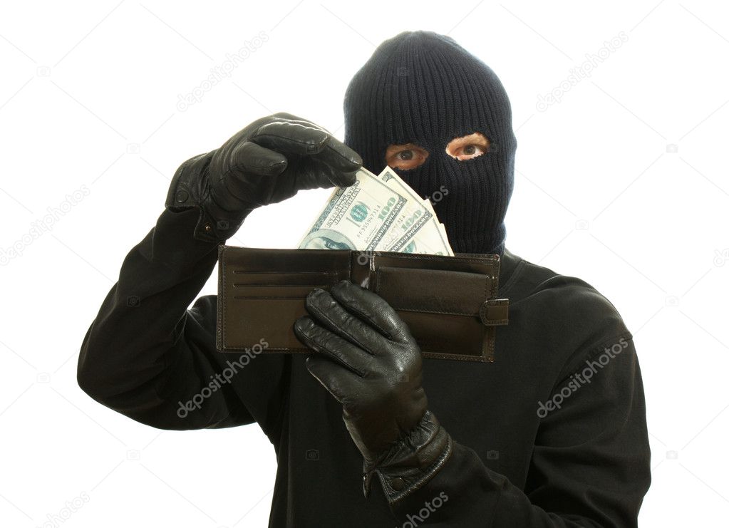 Bandit in black mask with stolen wallet isolated on white