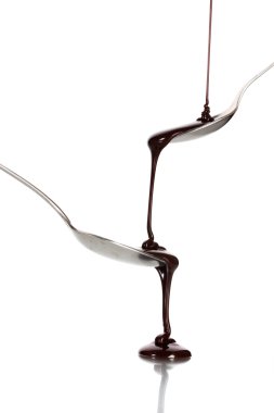 Chocolate poured into a spoon and from it to another spoon isolated on white clipart