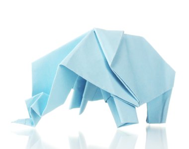 Origami elephant out of the blue paper isolated on white clipart