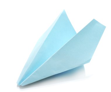 Origami airplane out of the blue paper isolated on white clipart