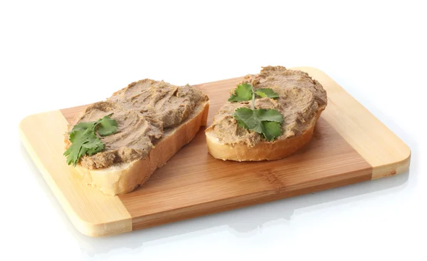 Fresh pate on bread on wooden board isolated on white — Stock Photo, Image