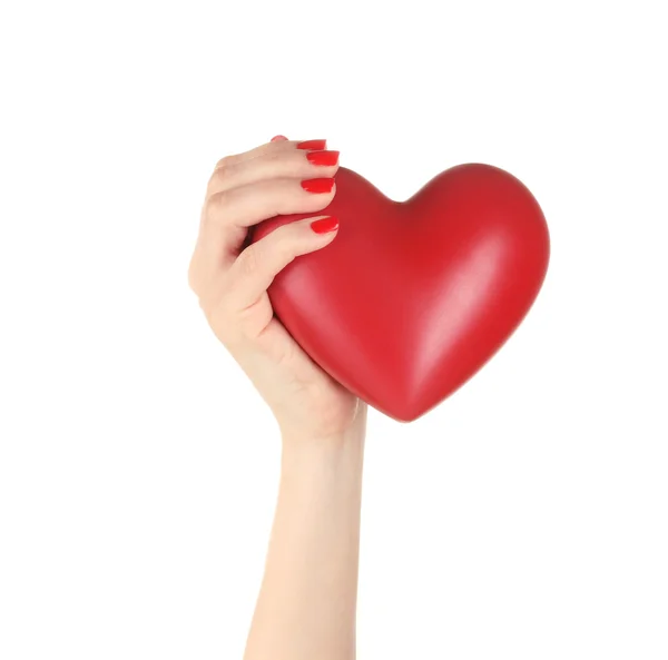 Κόκκινη καρδιά στο χέρι της γυναίκας που απομονώνονται σε λευκό — Φωτογραφία Αρχείου