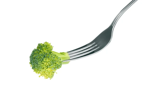 Fresh broccoli on fork isolated on white — Stock Photo, Image
