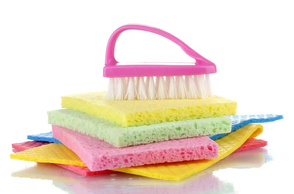 Many colorful sponges and brush for housework isolated on white — Stock Photo, Image