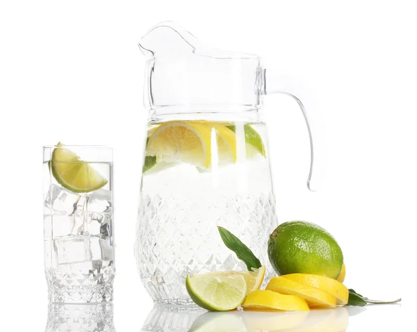 Pitcher and glass of lemonade and lemon isolated on white — Stock Photo, Image