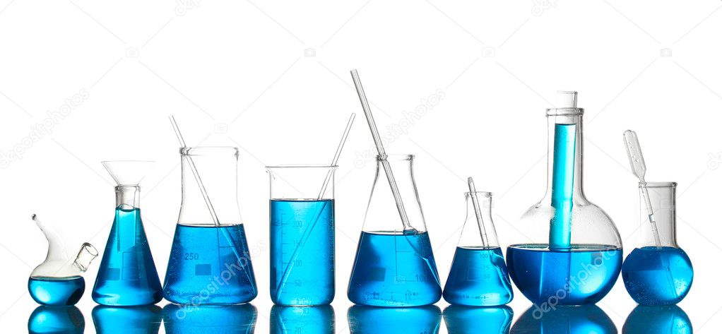 Test-tubes with blue liquid isolated on white