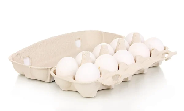 Huevos en caja de papel aislados en blanco —  Fotos de Stock