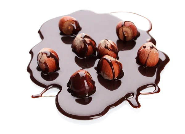 Νόστιμα φουντούκι και σιρόπι σοκολάτας που απομονώνονται σε λευκό — Φωτογραφία Αρχείου
