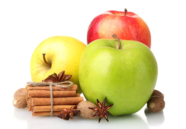 Cinnamon sticks, apples, nutmeg and anise isolated on white — Stock Photo, Image