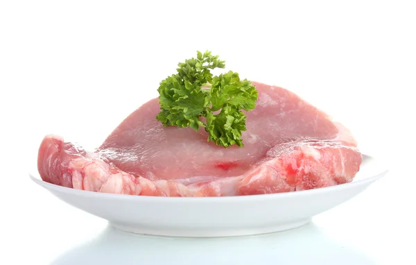 Bife de porco cru fatiado isolado em branco — Fotografia de Stock