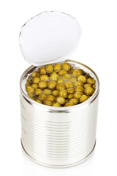 开放的豌豆上白色孤立的锡罐 — 图库照片