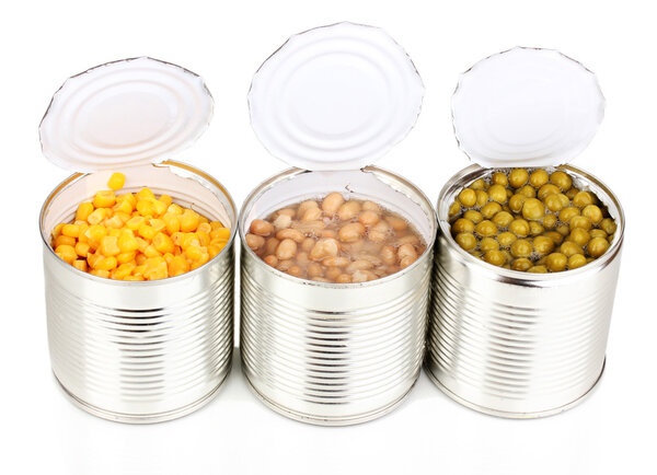 Open tin cans of corn, beans and peas isolated on white