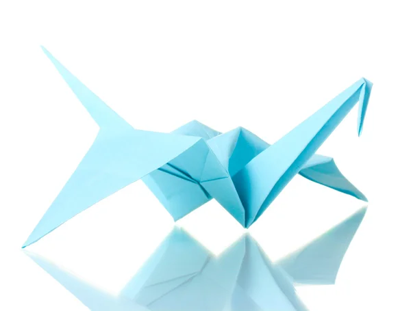 Origami crane ur det blå papper isolerad på vit — Stockfoto