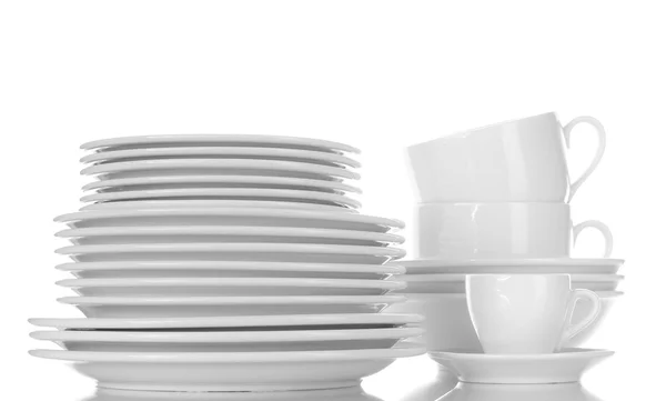 Cuencos vacíos, platos y tazas aislados en blanco —  Fotos de Stock