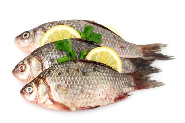 Ferske fisker med sitron, persille og krydder isolert på hvitt – stockfoto