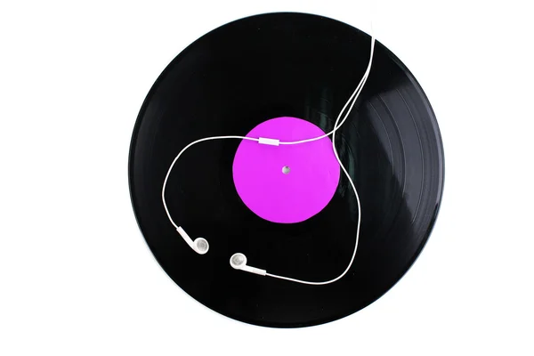 Svart vinyl record och hörlurar isolerad på vit — Stockfoto