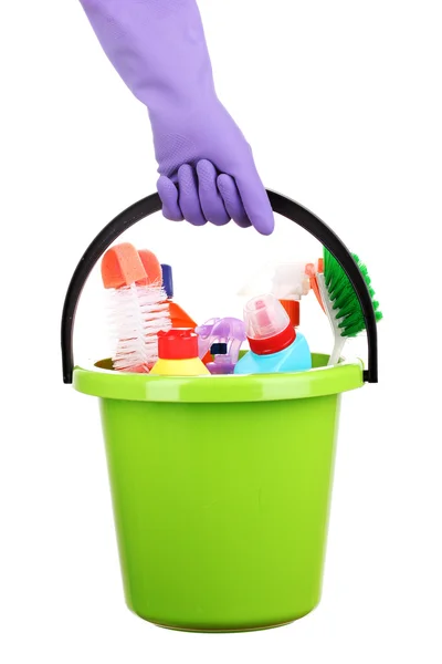 Hink med rengöring objekt i hand isolerad på vit — Stockfoto