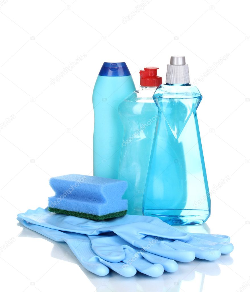 Detergents with gloves and sponge isolated on white