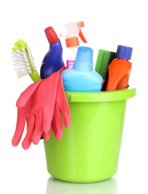 Cleaning items in bucket isolated on white clipart