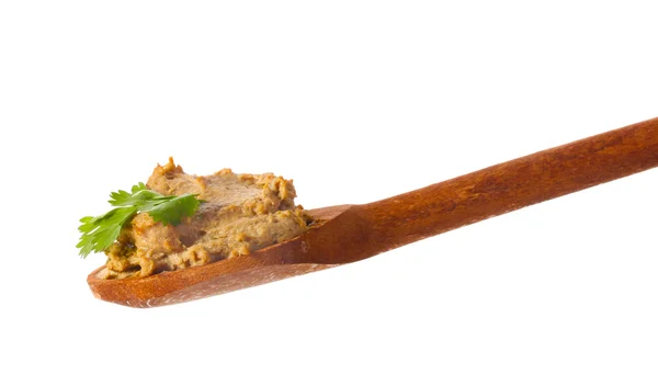 Paté en cuchara de madera aislado en blanco — Foto de Stock