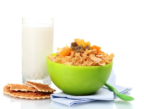 Tasty cornflakes in green bowl and glass of milk isolated on white — Stock Photo, Image