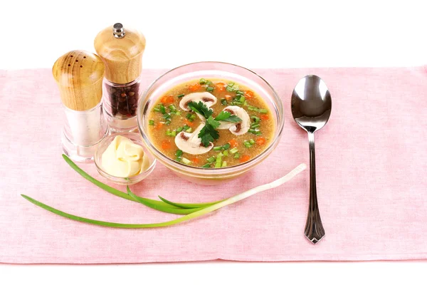 Smaczne zupy na różowy obrus na białym tle — Zdjęcie stockowe
