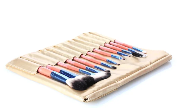 Set of make-up brushes in golden leather case isolated on white — Stock Photo, Image