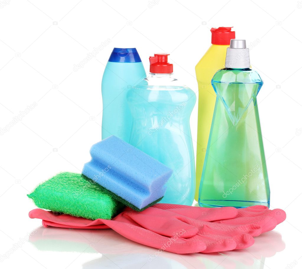 Detergents with gloves and sponges isolated on white