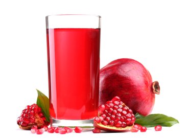 Ripe pomergranate and glasses of juice isolated on white clipart