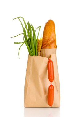 Paper bag with food isolated on white clipart