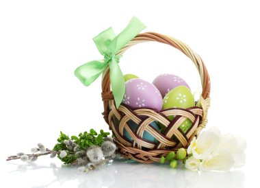 Basket with Easter eggs and pussy-willow twigs isolated on white