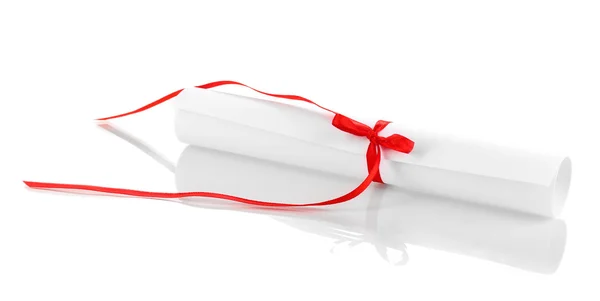 Graduation diploma tied with ribbon isolated on white — Stock Photo, Image