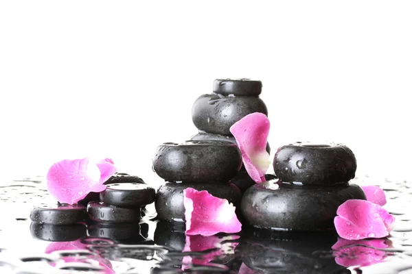 Wellness-Steine mit Tropfen und Rosenblättern auf weißem Hintergrund — Stockfoto