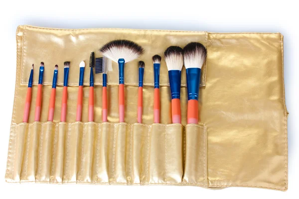 Set de pinceles de maquillaje en estuche de cuero dorado aislado en blanco —  Fotos de Stock