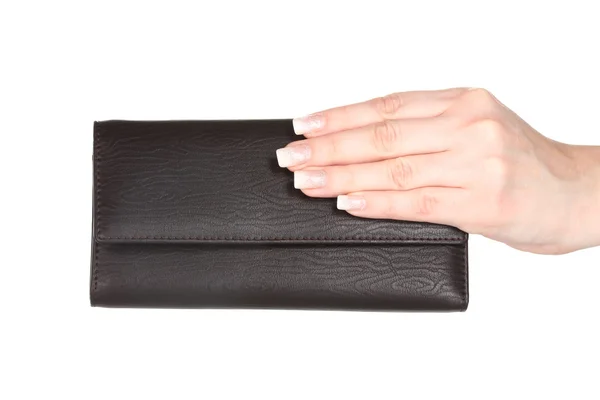 Женский кошелек в руке изолирован на белом — стоковое фото