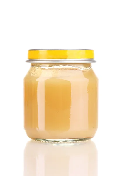 Jar of baby puree isolated on white — Stock Photo, Image