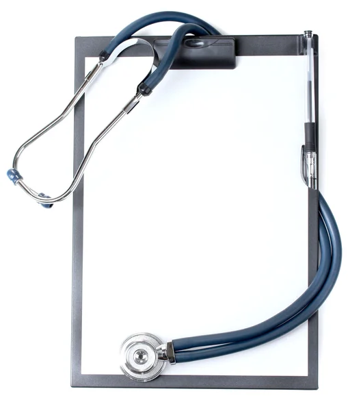 Stethoscope and black clipboard isolated on white — Stock Photo, Image