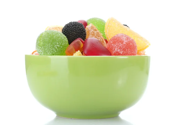 Colorful jelly candies in green bowl isolated on white — Stock Photo, Image