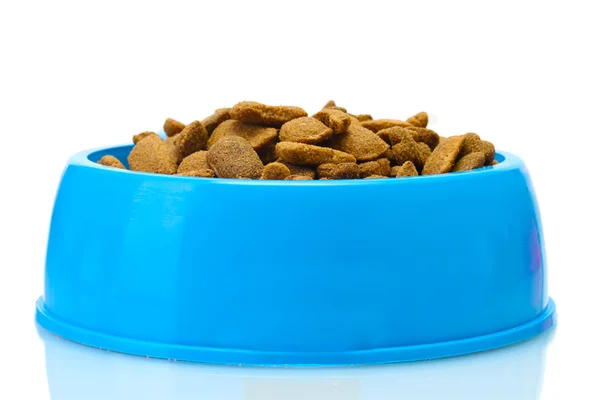 Kuru Köpek Gıda ve mavi üzerine beyaz izole kase su — Stok fotoğraf
