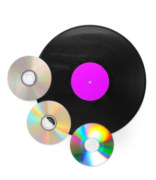 黑色乙烯基记录和 cd 磁盘上白色隔离 — 图库照片