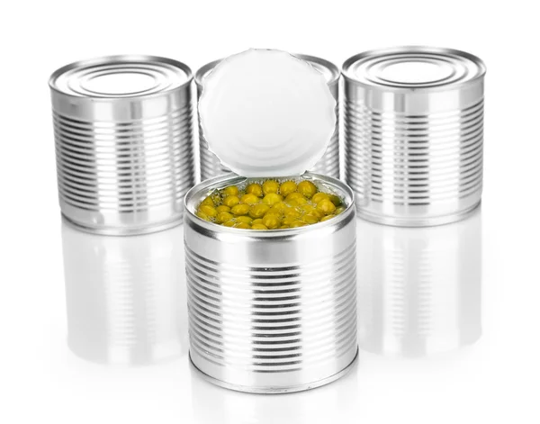 Open tin can of peas and closed cans isolated on white — Stock Photo, Image