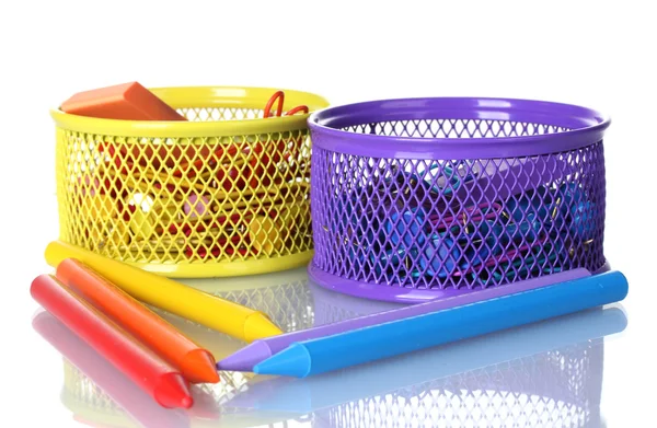 Containers with paper clips, pencils and erasers isolated on white — Stock Photo, Image