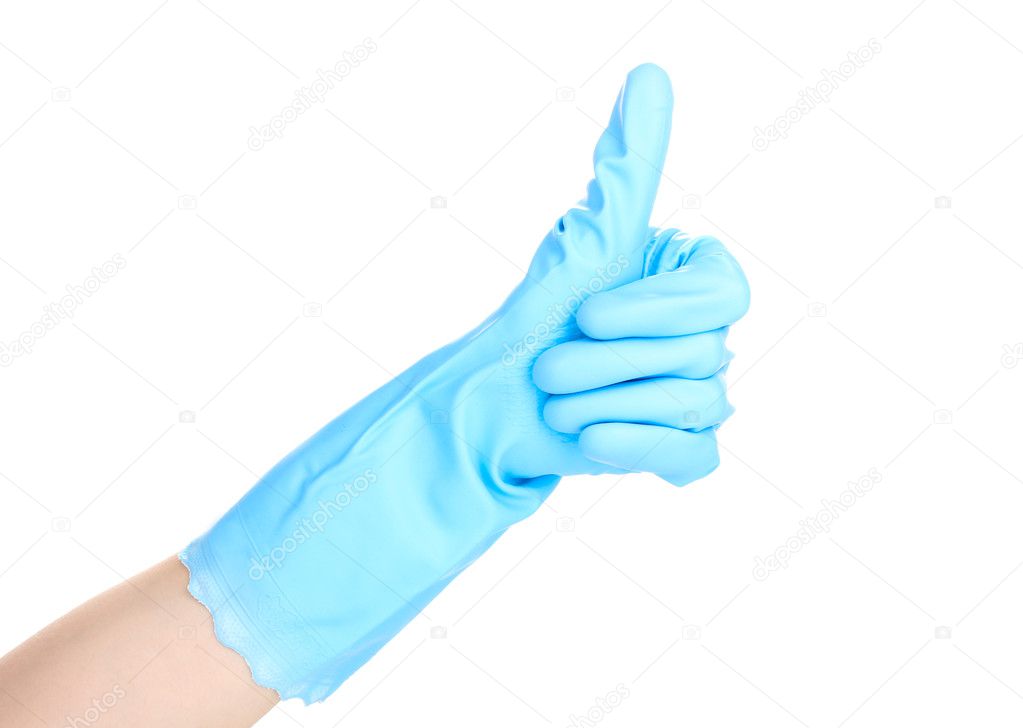 Hand in color cleaning glove isolated on white