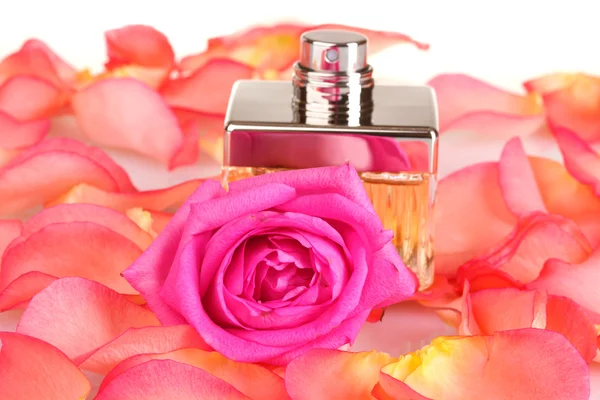 Perfume in a beautiful bottle, petals and pink rose closeup — Zdjęcie stockowe