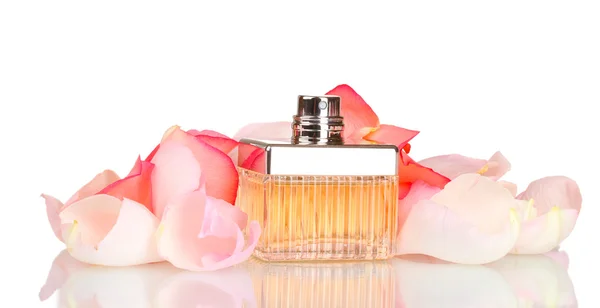 Perfume in a beautiful bottle and petals isolated on white — Stock Photo, Image