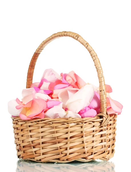 Beautiful pink rose petals in basket isolated on white — Stock Photo, Image